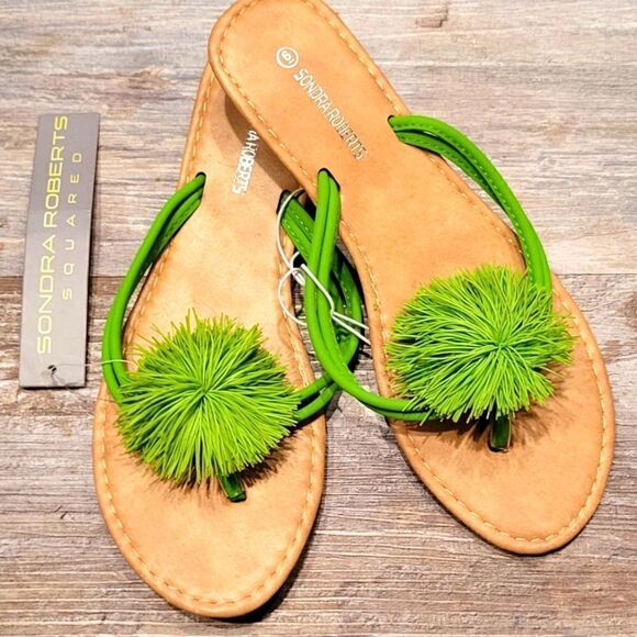 NWT Sondra Roberts Neon Green Sandals with pompom detail Size 6 - Picture 2 of 3